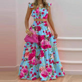 Blue & Pink Floral Strappy Top Flared Skirt Set